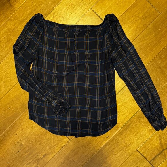 RW&Co Navy & Brown Plaid Blouse – Size Small – Ruffle Sleeves – VGUC - Picture 2 of 8